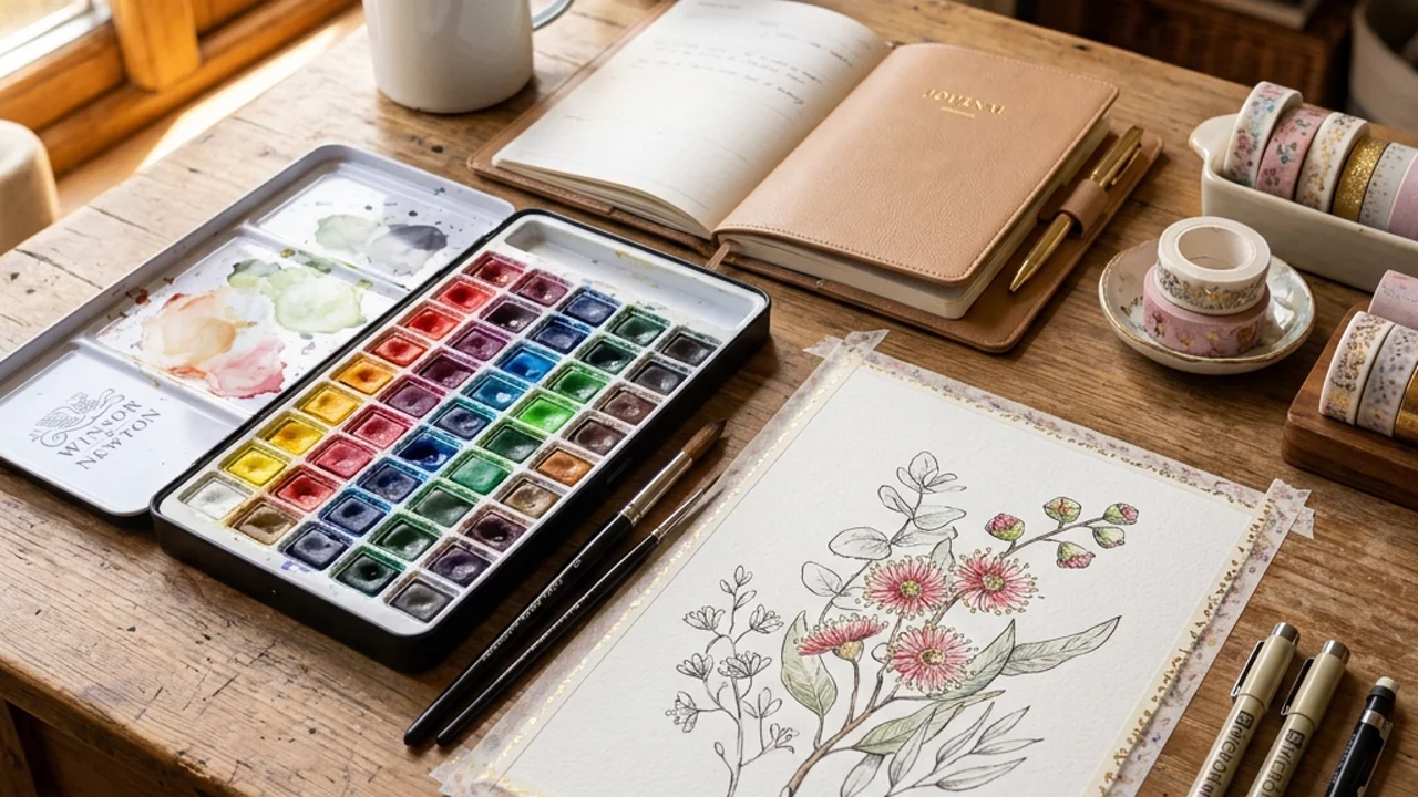 คู่มือเริ่มต้นงานศิลปะและ Bullet Journal ด้วย 4 อุปกรณ์สร้างสรรค์: ชุดสีน้ำ 36 สี ปากกาพิกเมนต์กันน้ำ แพลนเนอร์ Undated และเทปวาชิฟอยล์ทอง
